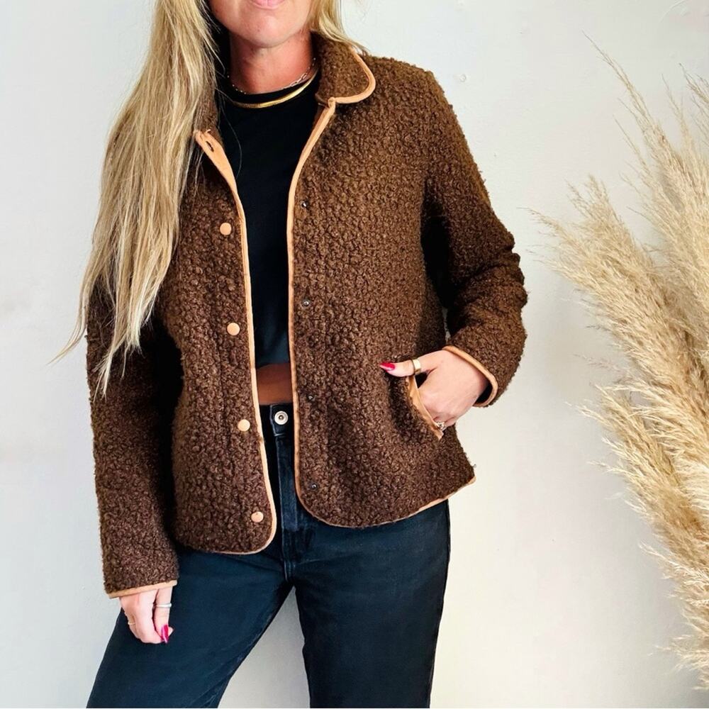 VINTAGE CHARTER CLUB Chocolate Brown Beige Snap Front Teddy Coat Jacket Blazer M